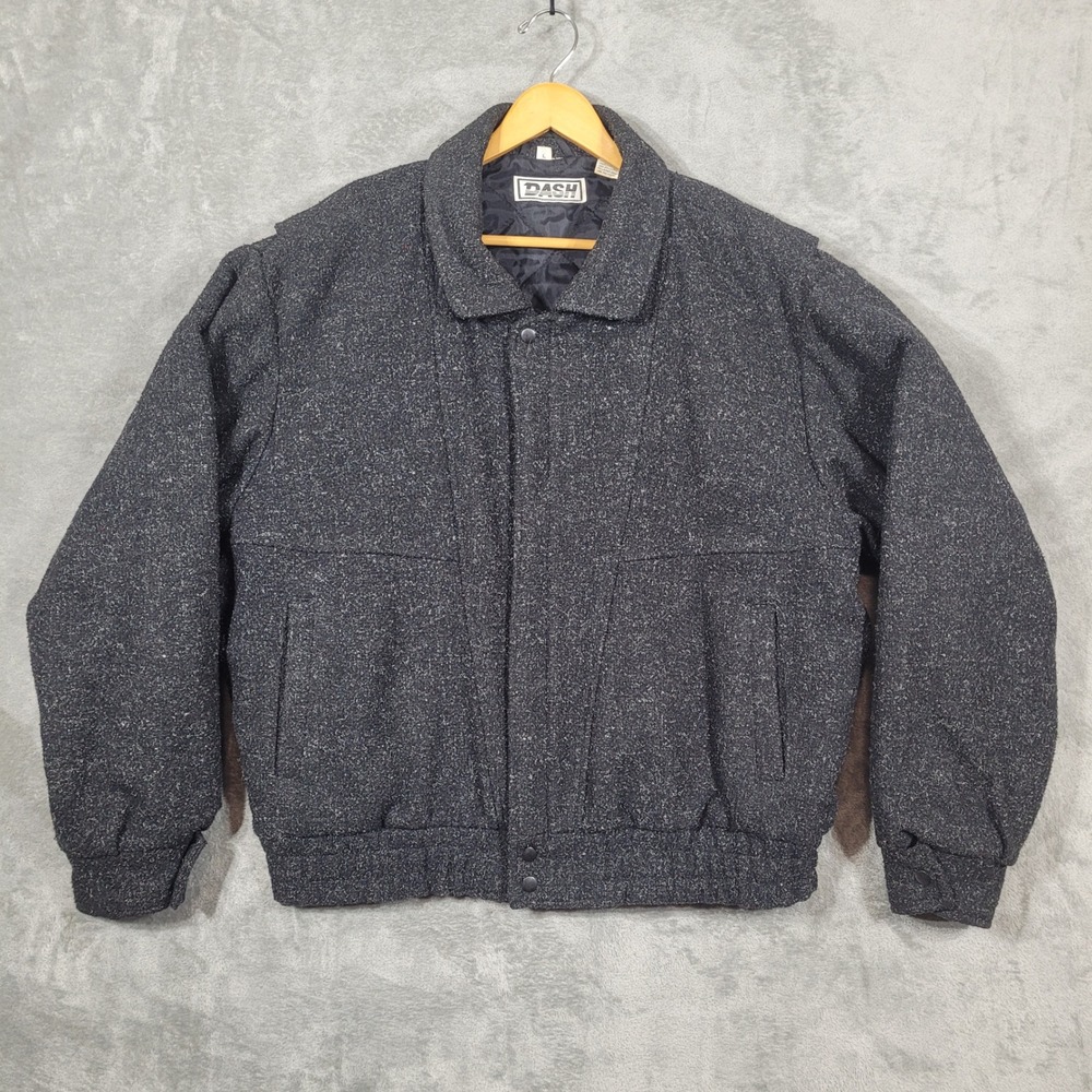 Vintage DASH Bomber Jacket Mens L Gray Wool Blend Tweed Quilted Lined Full Zip
